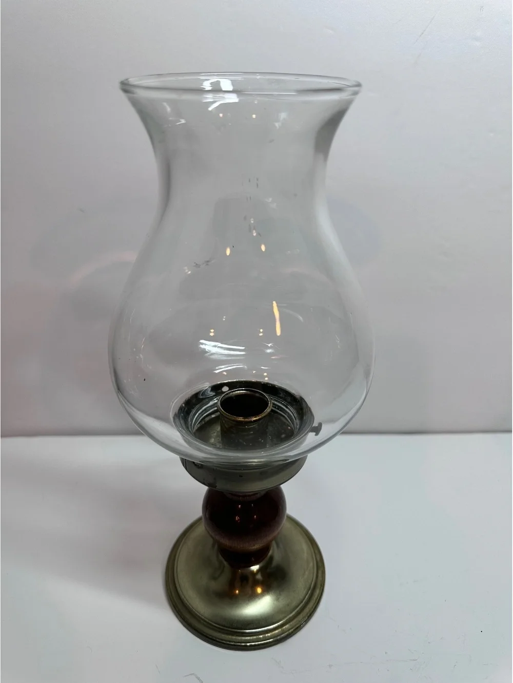 Vintage Hurricane Lamp Clear Glass Shade Brass Base Brown Wood Pedestal.
